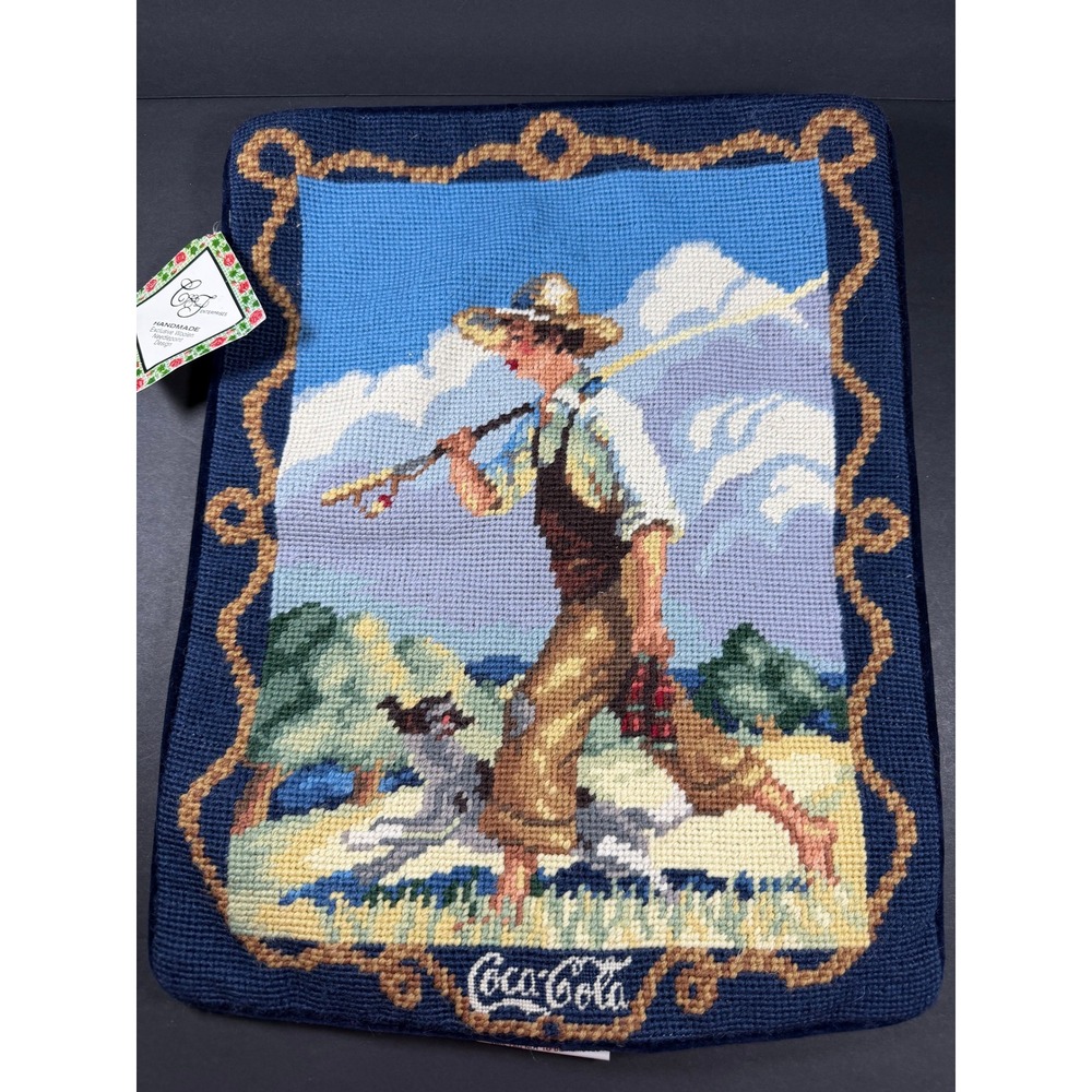 VTG Coca-Cola Needlepoint Throw Pillow 12x16 Blue Wool Handmade Fishing Dog 1997
